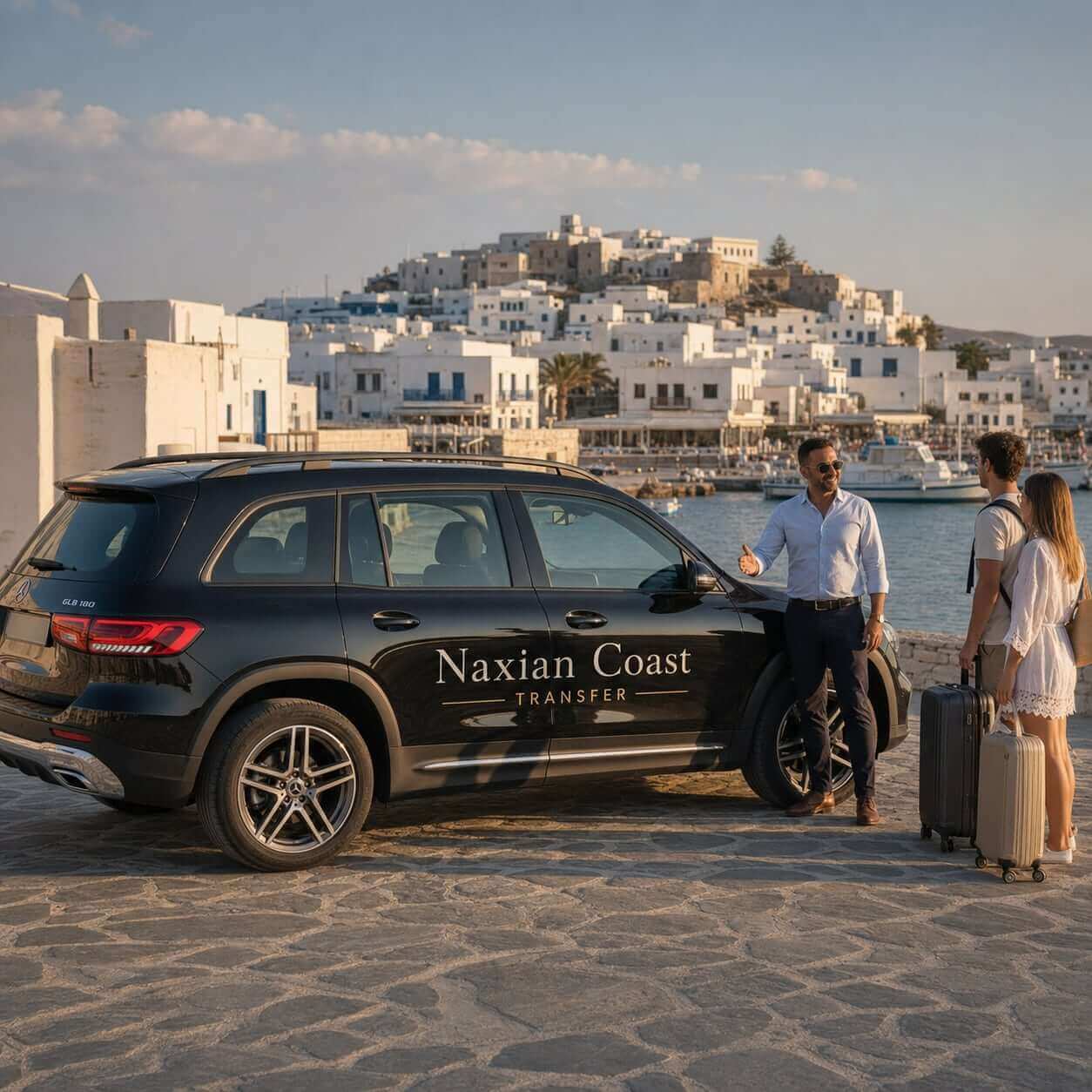 Naxian Coast branded Mercedes-Benz GLB private transfer vehicle welcoming travelers in Naxos Chora
